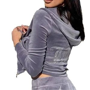 Juicy Couture Gray BIG BLING VELOUR HOODIE Size Small